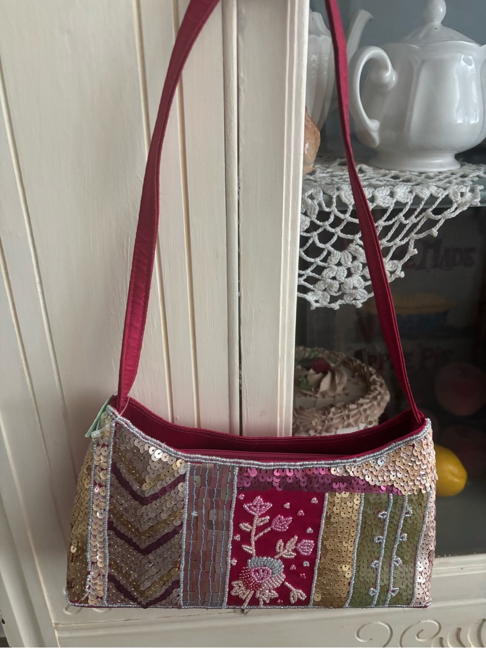 Sequined Patchwork Shoulder Bag  In Raspberry PLUS Gold Coin Purse Final Sale - Picture 3 of 13